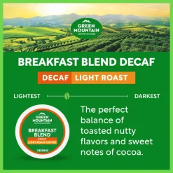 Green Mountain Coffee Breakfast Blend Decaf Coffee K-Cups, Light Roast, 96/Carton