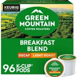 Green Mountain Coffee Breakfast Blend Decaf Coffee K-Cups, Light Roast, 96/Carton