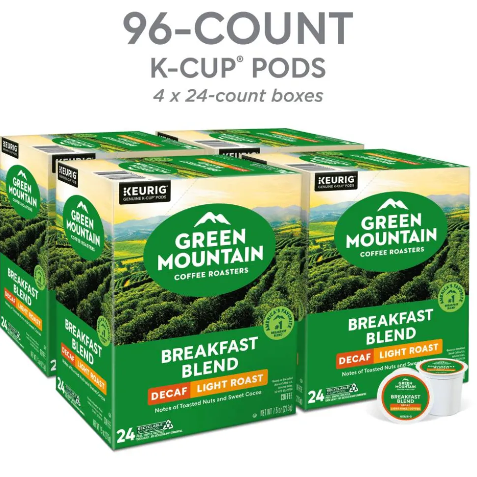 Green Mountain Coffee Breakfast Blend Decaf Coffee K-Cups, Light Roast, 96/Carton