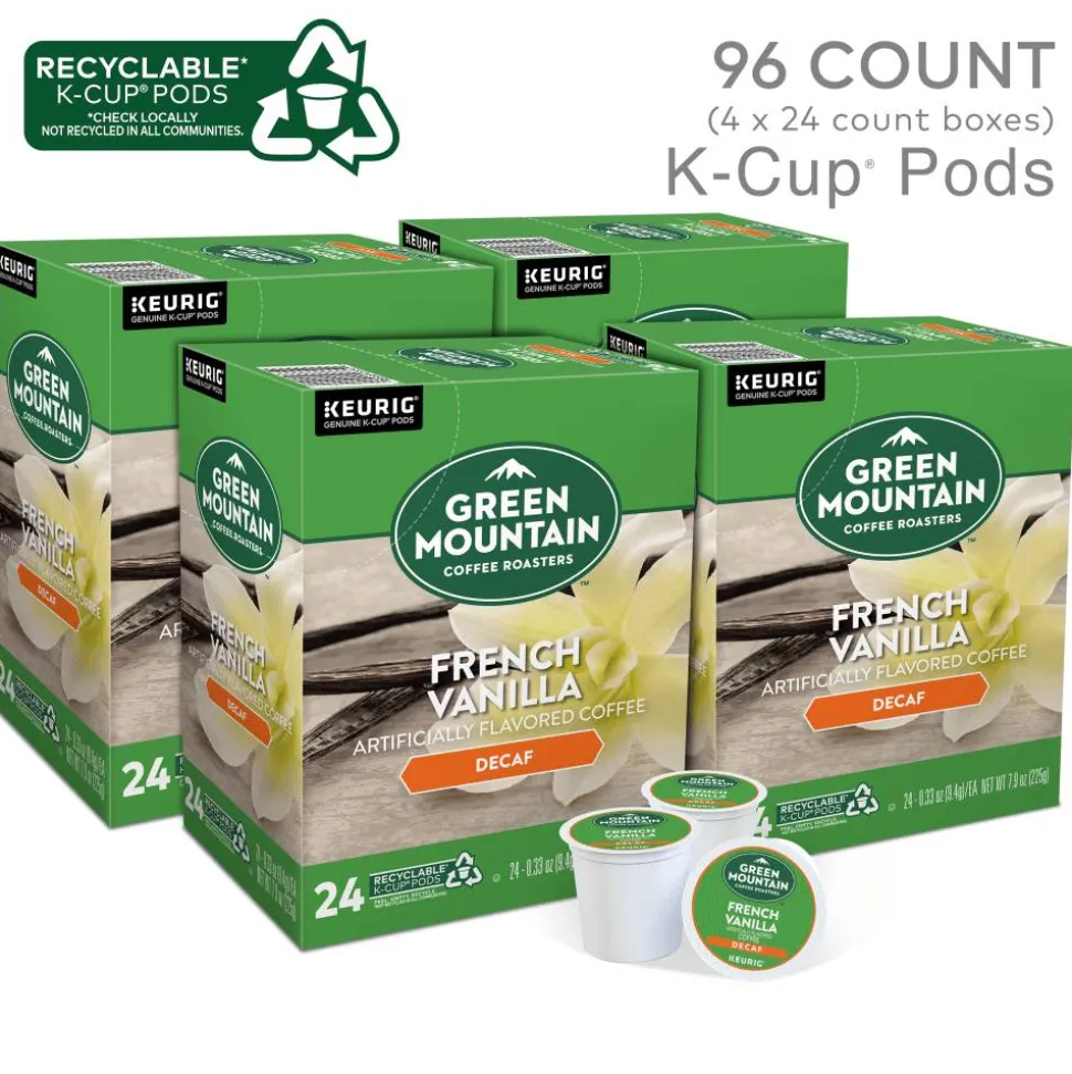 Green Mountain Coffee Roasters French Vanilla Decaf Keurig Single-Serve K-Cup Pods, Light Roast Coffee, 24 Pods Per Pack, Case Of 4 Packs
