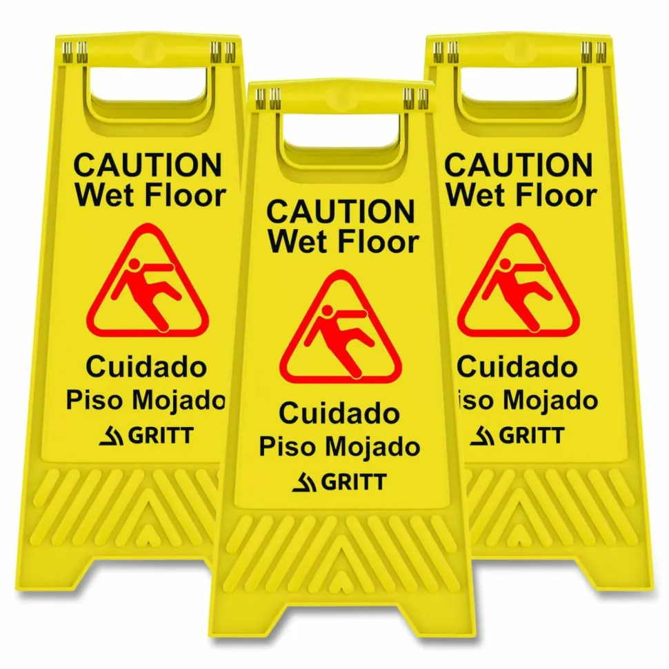 Gritt Commercial Caution Wet Floor Sign, 11.8 x 12 x 24, Yellow, 3/Pack