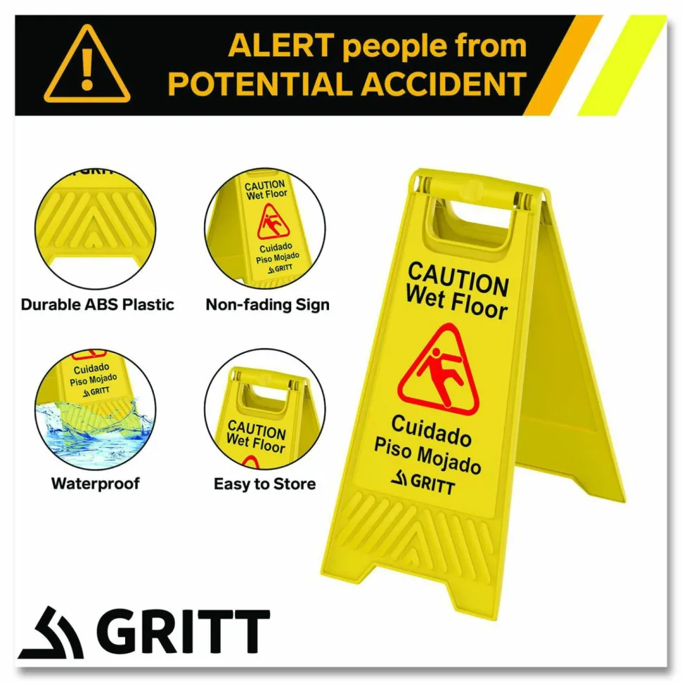 Gritt Commercial Caution Wet Floor Sign, 11.8 x 12 x 24, Yellow, 3/Pack