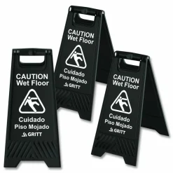 Gritt Commercial Caution Wet Floor Sign, 11.8 x 12 x 24, Black, 3/Pack