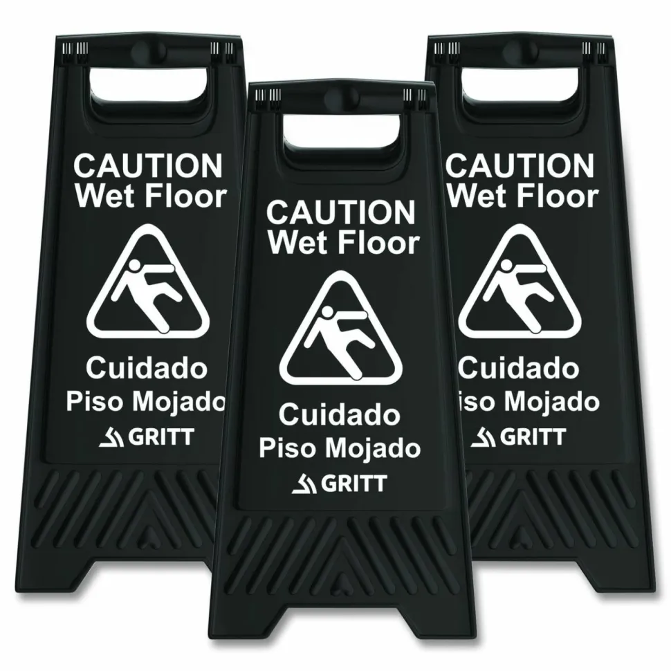 Gritt Commercial Caution Wet Floor Sign, 11.8 x 12 x 24, Black, 3/Pack