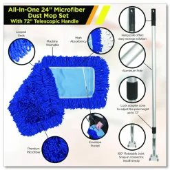 Gritt Commercial All-In-One 24" Microfiber Dust Mop Set with Telescopic Handle, 24 x 5, Blue, Microfiber Head, 72" Silver Aluminum Handle