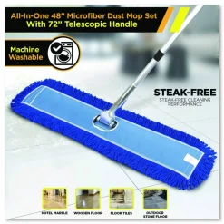 Gritt Commercial All-In-One Microfiber Dust Mop Set with Telescopic Handle, 48 x 5, Blue Microfiber Head, 40