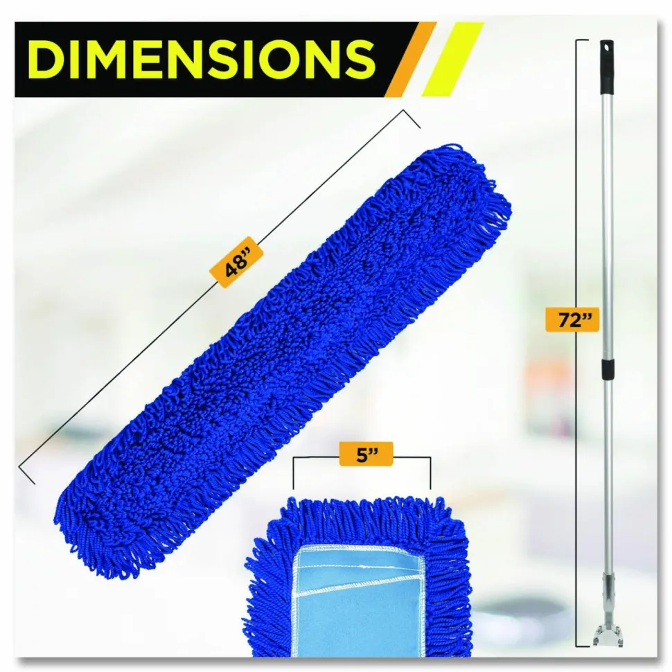 Gritt Commercial All-In-One Microfiber Dust Mop Set with Telescopic Handle, 60 x 5, Blue Microfiber Head, 40" to 72" Silver Aluminum Handle