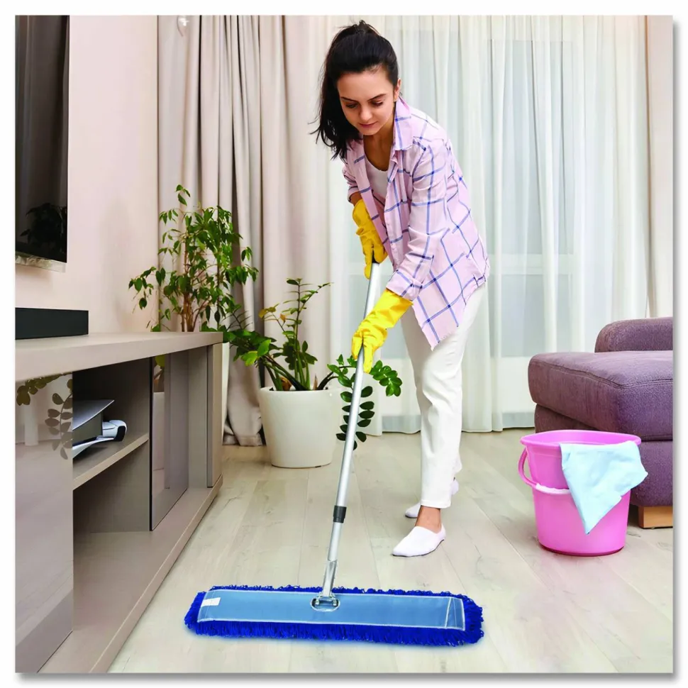 Gritt Commercial All-In-One Microfiber Dust Mop Set with Telescopic Handle, 60 x 5, Blue Microfiber Head, 40" to 72" Silver Aluminum Handle