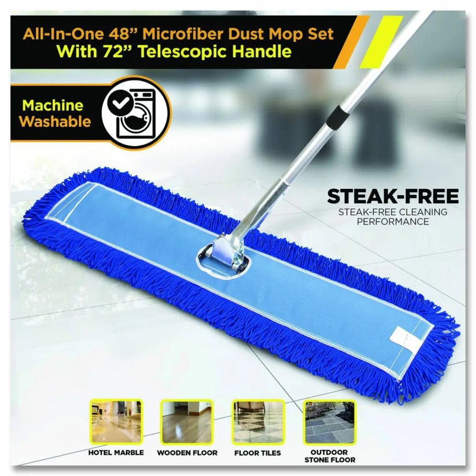 Gritt Commercial All-In-One Microfiber Dust Mop Set with Telescopic Handle, 60 x 5, Blue Microfiber Head, 40" to 72" Silver Aluminum Handle