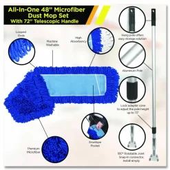 Gritt Commercial All-In-One Microfiber Dust Mop Set with Telescopic Handle, 60 x 5, Blue Microfiber Head, 40
