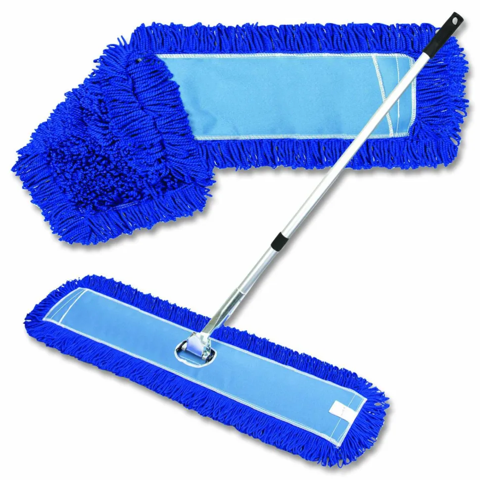 Gritt Commercial All-In-One Microfiber Dust Mop Set with Telescopic Handle, 60 x 5, Blue Microfiber Head, 40" to 72" Silver Aluminum Handle
