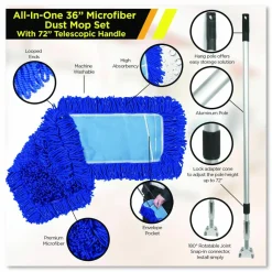 Gritt Commercial All-In-One Microfiber Dust Mop Set with Telescopic Handle, 36 x 5, Blue Microfiber Head, 40" to 72" Silver Aluminum Handle