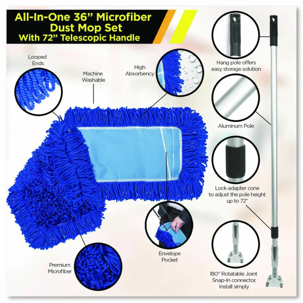 Gritt Commercial All-In-One Microfiber Dust Mop Set with Telescopic Handle, 36 x 5, Blue Microfiber Head, 40" to 72" Silver Aluminum Handle