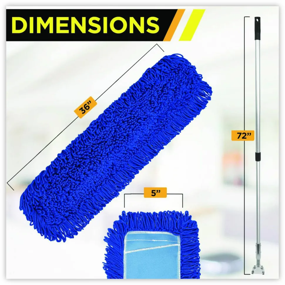 Gritt Commercial All-In-One Microfiber Dust Mop Set with Telescopic Handle, 36 x 5, Blue Microfiber Head, 40" to 72" Silver Aluminum Handle