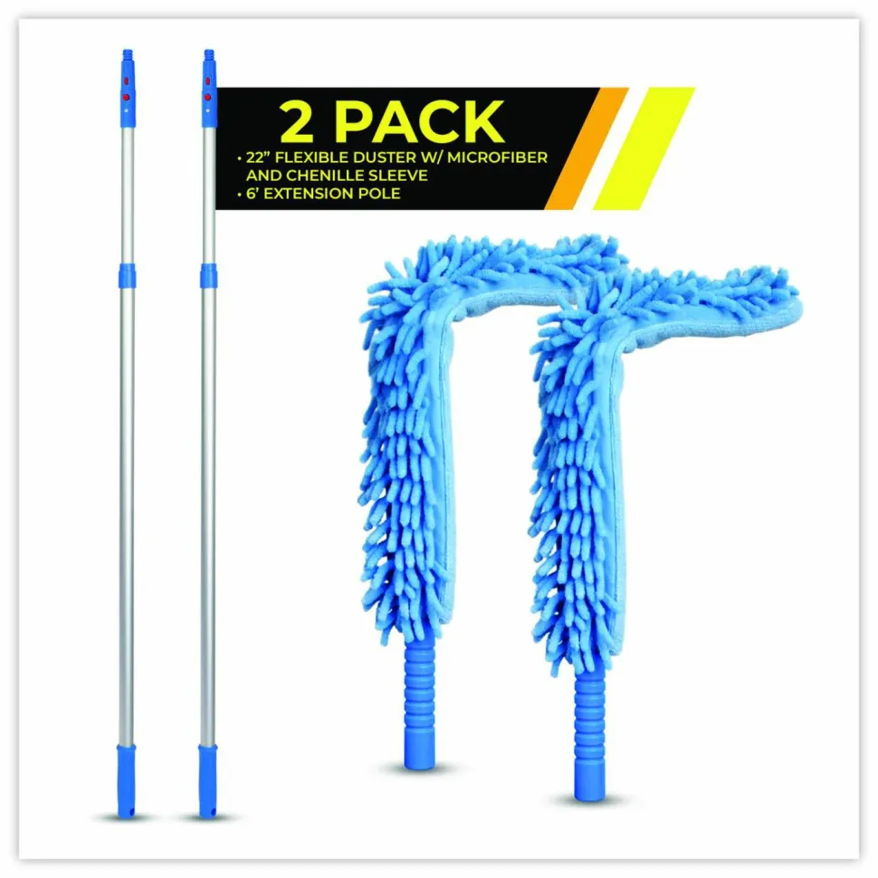 Gritt Commercial Flexible Wand Duster with Microfiber and Chenille Sleeve and 6 ft Telescopic Pole, 2/Kit