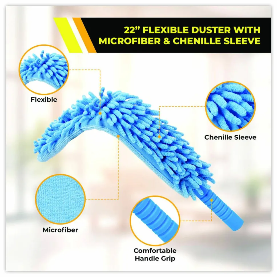 Gritt Commercial Flexible Wand Duster with Microfiber and Chenille Sleeve and 6 ft Telescopic Pole, 2/Kit