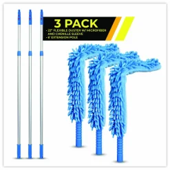 Gritt Commercial Flexible Wand Duster with Microfiber and Chenille Sleeve and 6 ft Telescopic Pole, 3/Kit