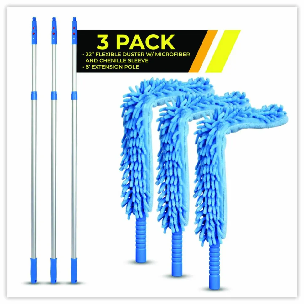 Gritt Commercial Flexible Wand Duster with Microfiber and Chenille Sleeve and 6 ft Telescopic Pole, 3/Kit