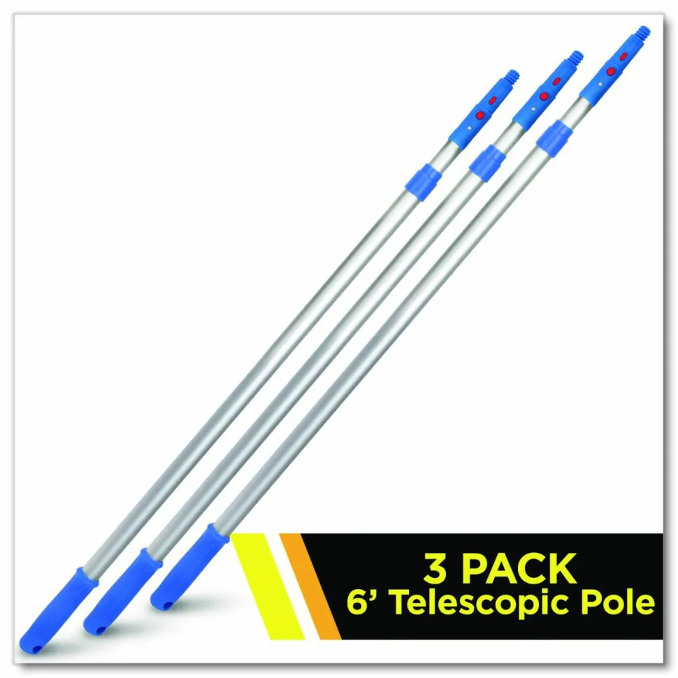 Gritt Commercial 6 ft Telescopic Aluminum Extension Pole with Click/Lock Adapter Cone, 3.5 ft to 6 ft, Blue/Silver, 3/Pack
