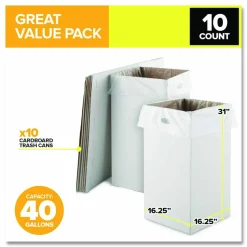 Gritt Commercial 40 Gallon Corrugated Cardboard Trash Can and Recycling Container, White, 10/Carton