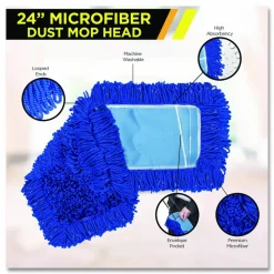Gritt Commercial Microfiber Looped Dust Mop Pad Head, 24 x 5, Blue, 12/Carton