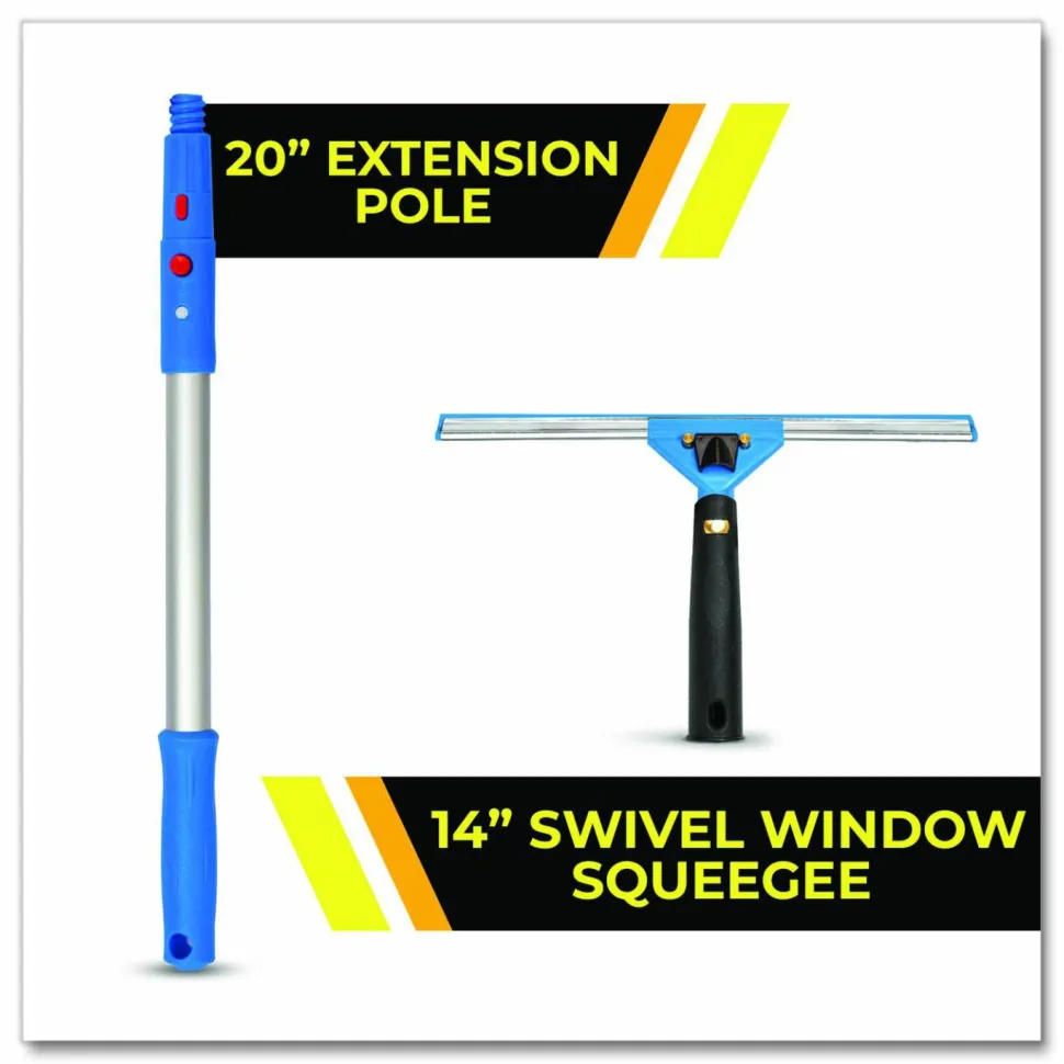 Gritt Commercial Pro Window Washing Kit with Swivel Window Squeegee and 20" Pole, 14" Wide Blade
