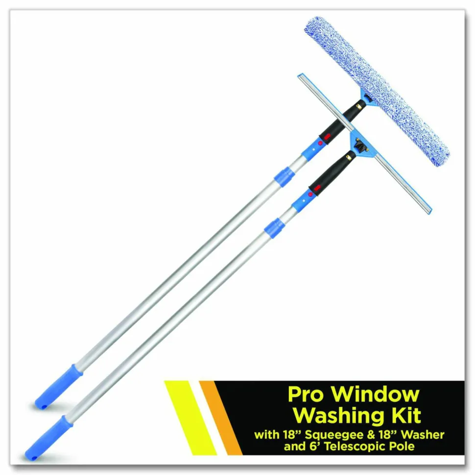 Gritt Commercial Pro Window Washing Kit with Squeegee, Washer and 6 ft Telescopic Pole, 18" Wide Blade