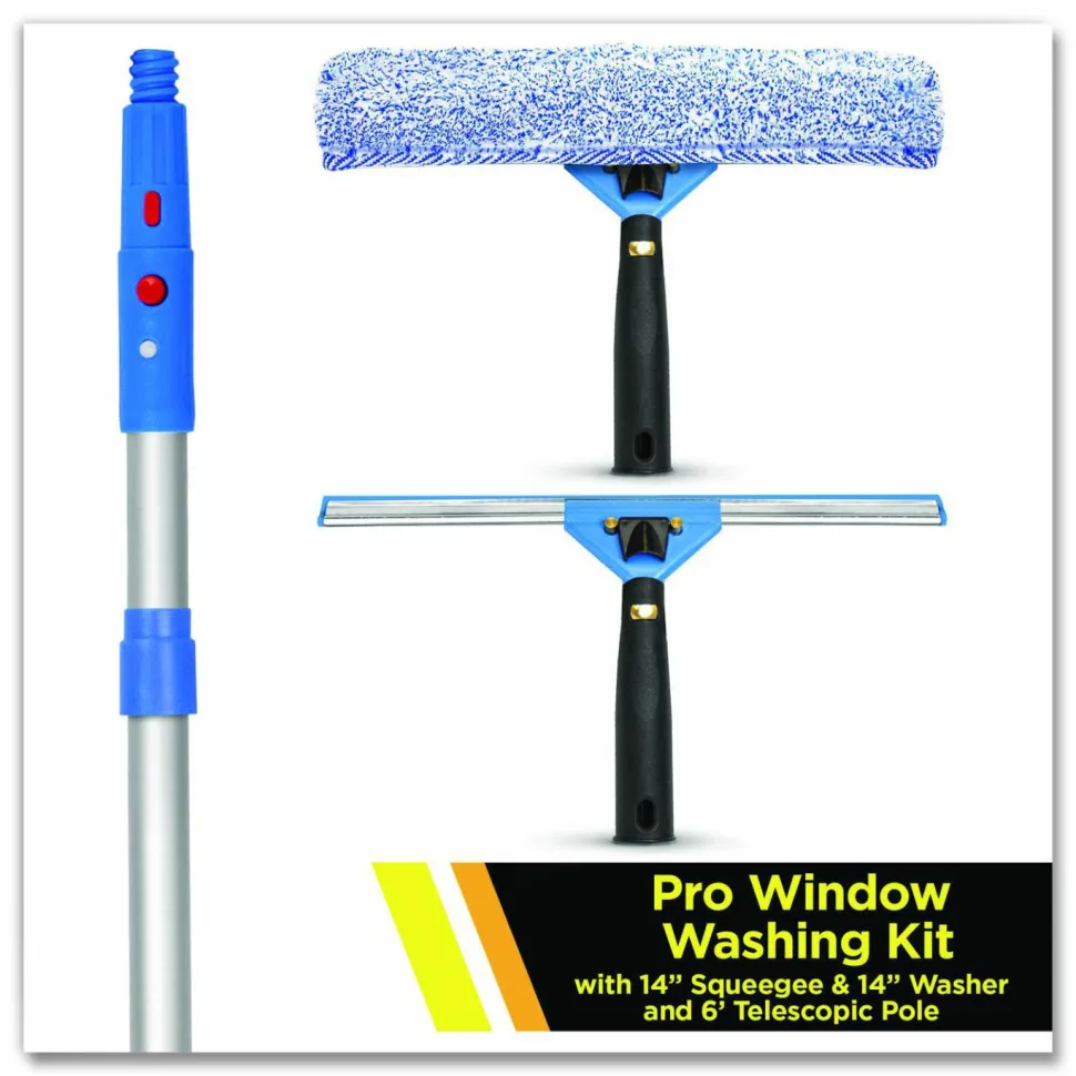 Gritt Commercial Pro Window Washing Kit with Squeegee, Washer and 6 ft Telescopic Pole, 14" Wide, 2/Kit
