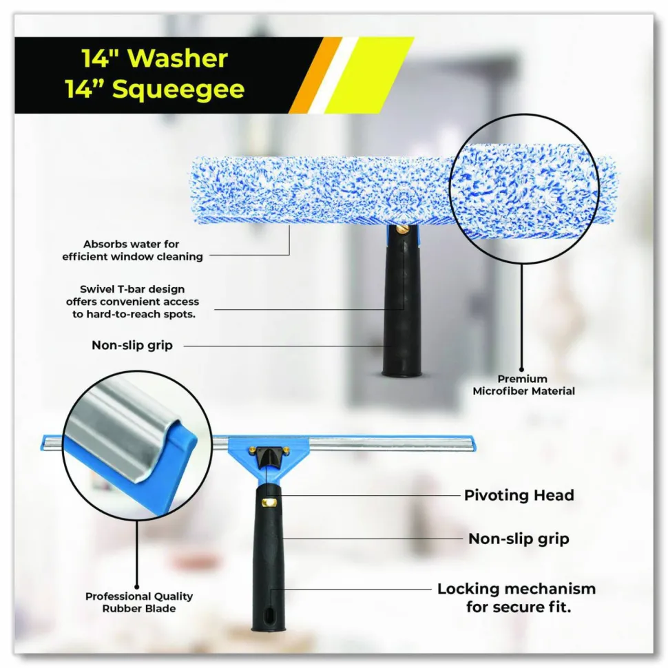 Gritt Commercial Pro Window Washing Kit with Squeegee, Washer and 20" Pole, 14" Blade Width, 3/Kit