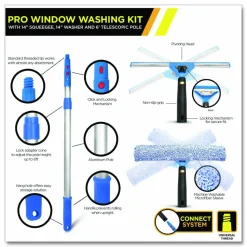 Gritt Commercial Pro Window Washing Kit with Squeegee, Washer and 6 ft Telescopic Pole, 14" Wide, 3/Kit