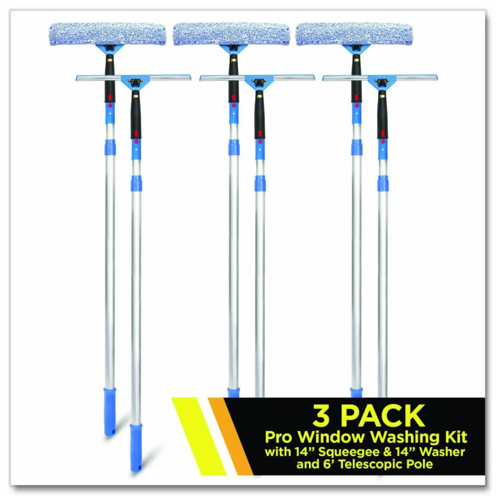 Gritt Commercial Pro Window Washing Kit with Squeegee, Washer and 6 ft Telescopic Pole, 14" Wide, 3/Kit