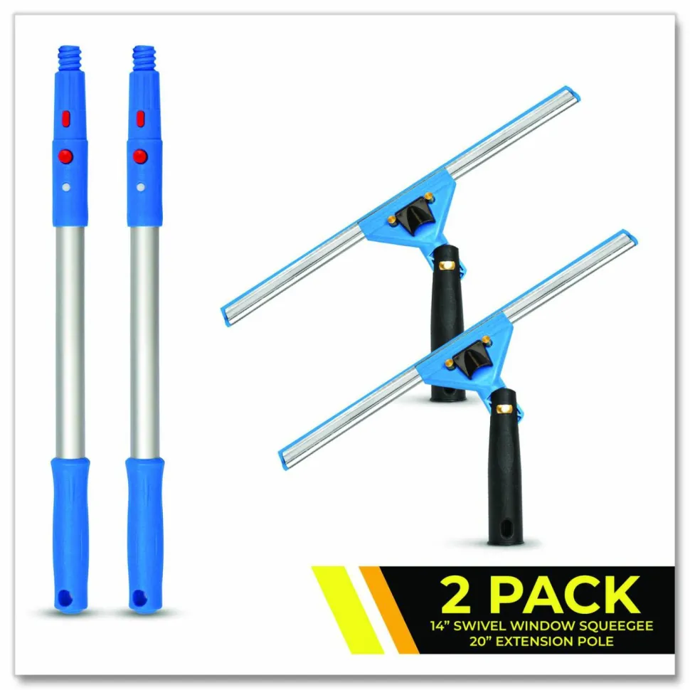 Gritt Commercial Pro Window Washing Kit with Swivel Window Squeegee and 20" Pole, 14" Wide Blade, 2/Kit