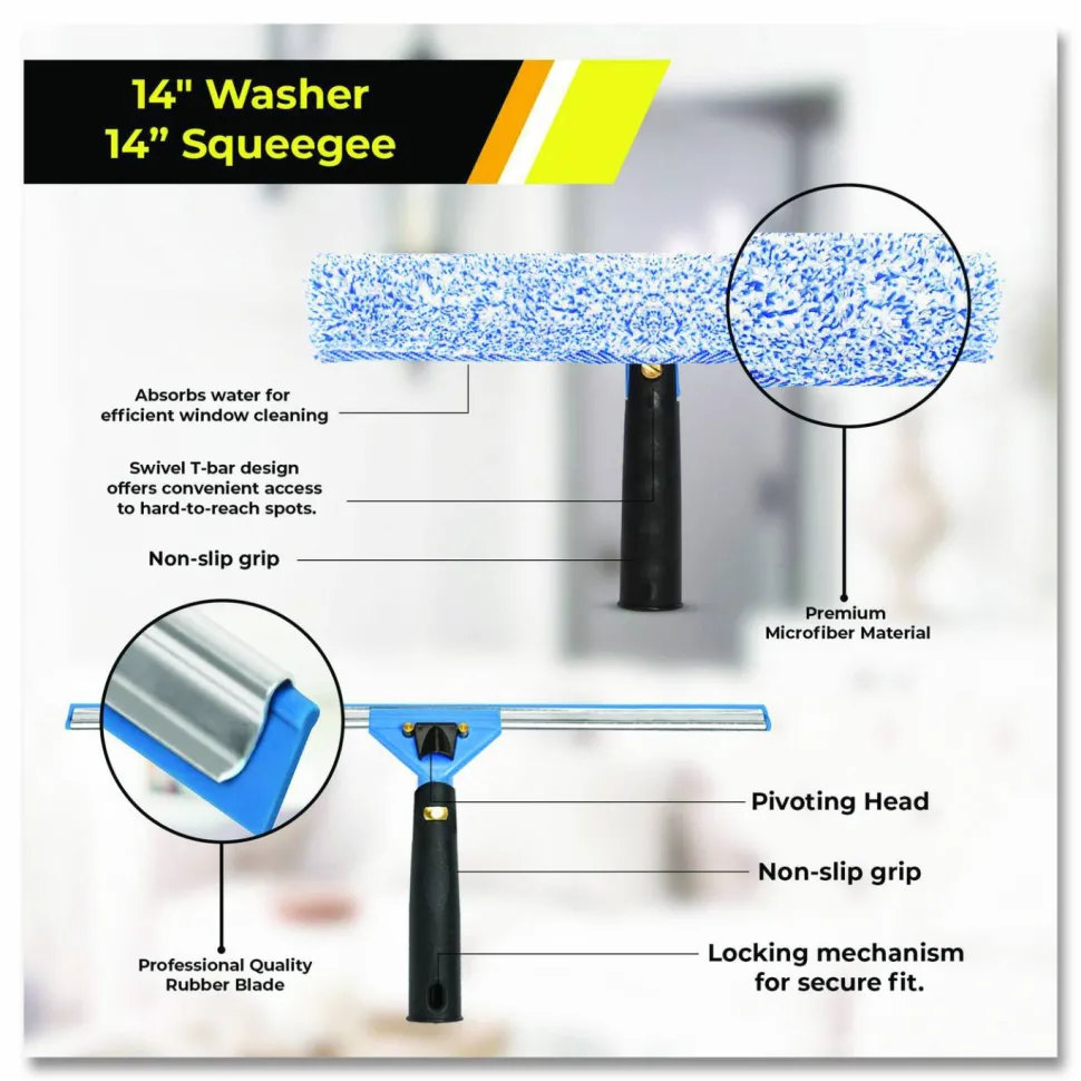 Gritt Commercial Pro Window Washing Kit with Squeegee, Washer and 20" Pole, 14" Wide Blade
