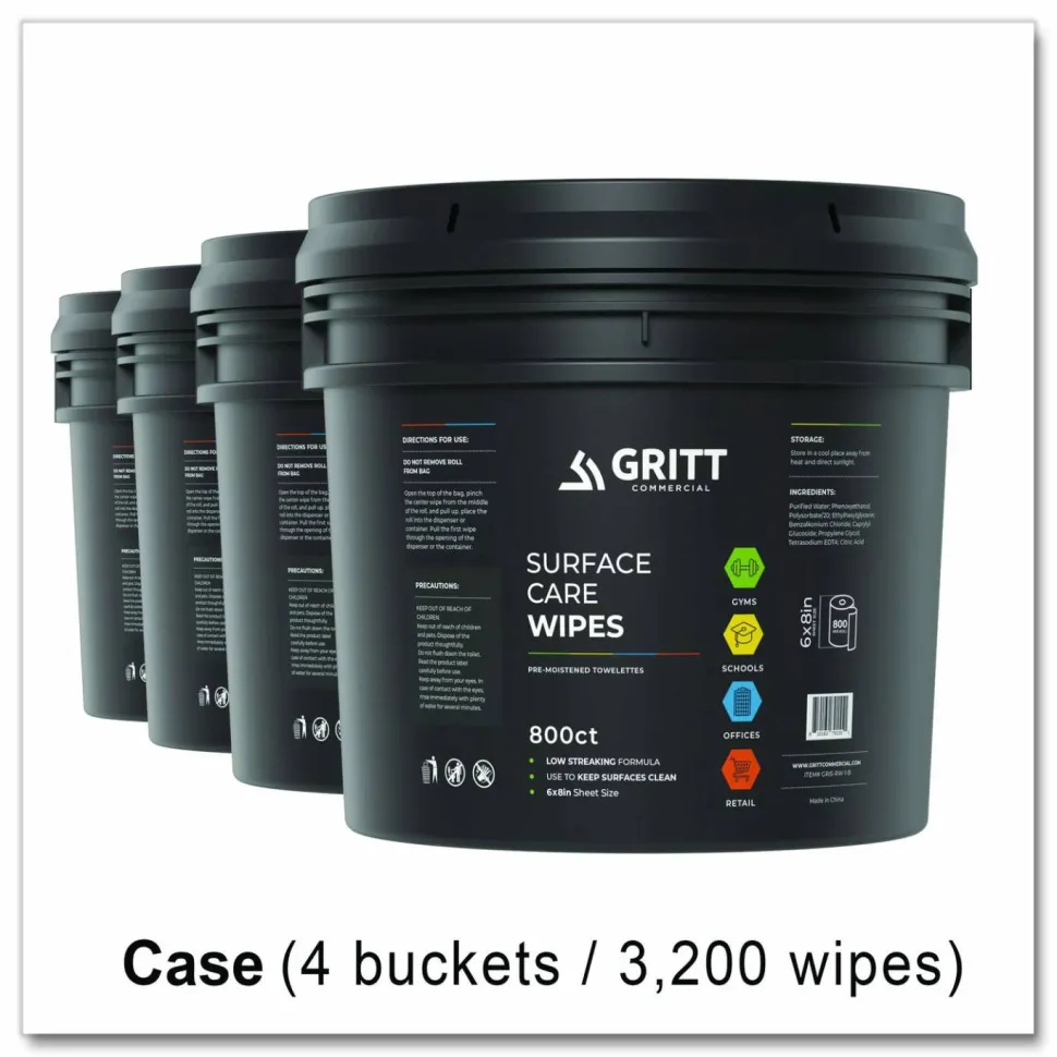 Gritt Commercial Surface Care Wipes, 1-Ply, 6 x 8, Fresh Scent, White, 800/Bucket, 4 Buckets/Carton