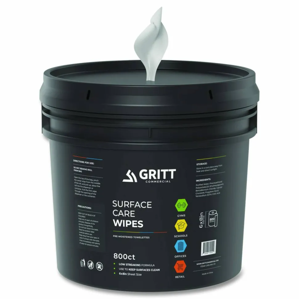Gritt Commercial Surface Care Wipes, 1-Ply, 6 x 8, Fresh Scent, White, 800/Bucket, 4 Buckets/Carton
