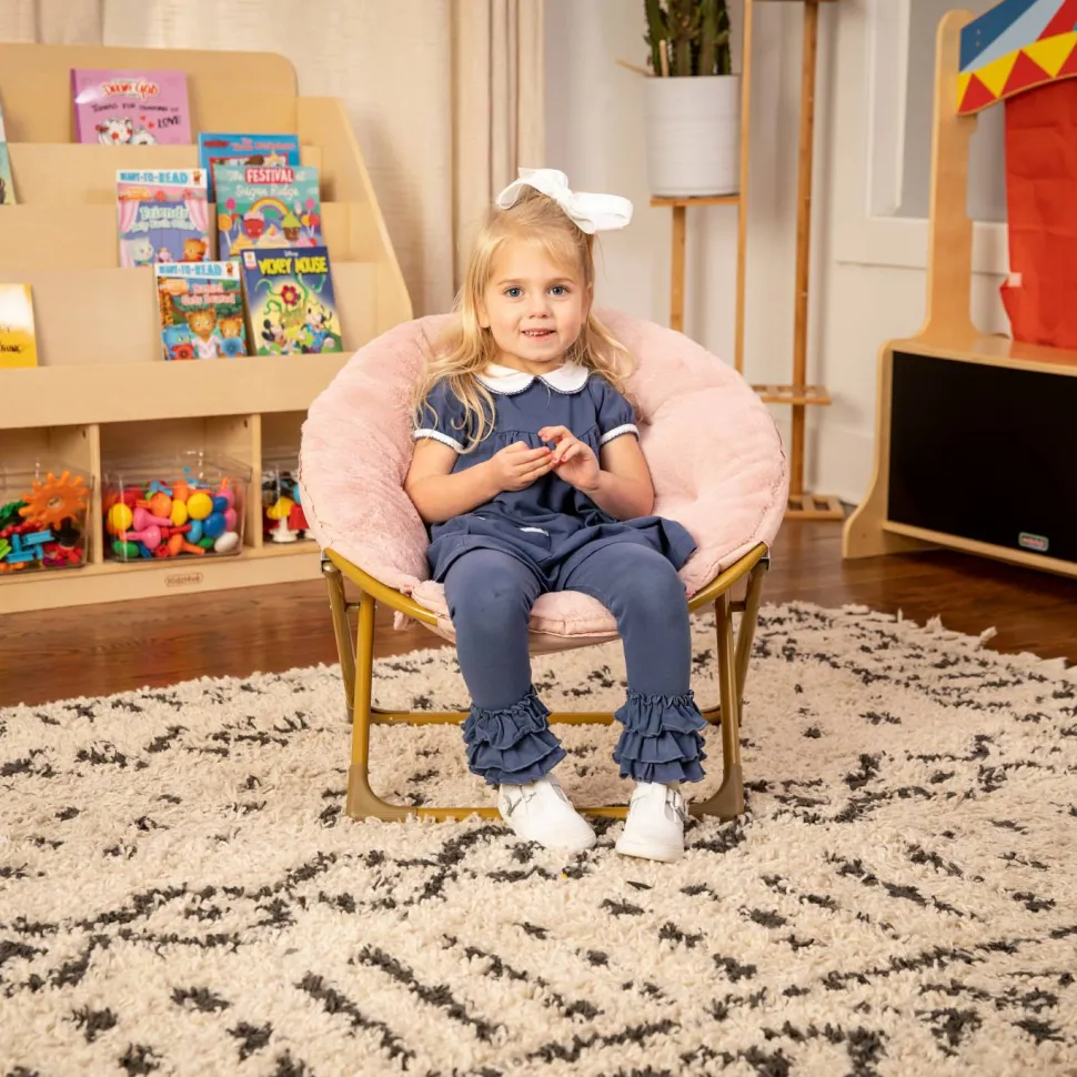 Gwen 23" Kids Cozy Mini Folding Saucer Chair, Faux Fur Moon Chair for Toddlers and Bedroom, Blush/Soft Gold