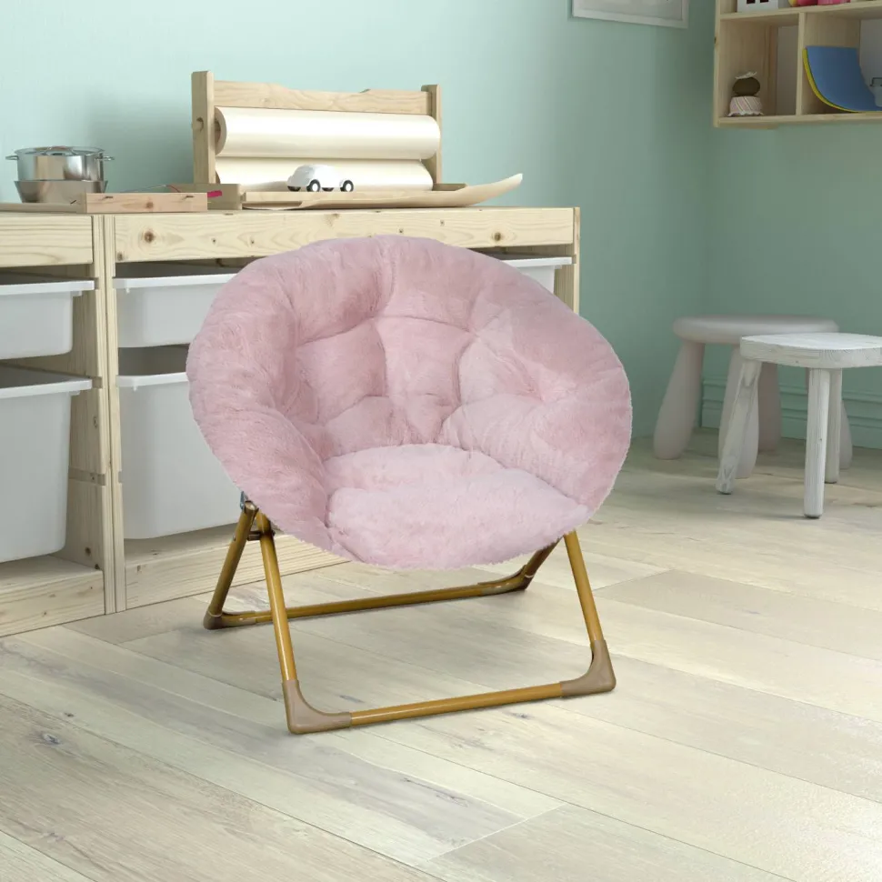 Gwen 23" Kids Cozy Mini Folding Saucer Chair, Faux Fur Moon Chair for Toddlers and Bedroom, Blush/Soft Gold