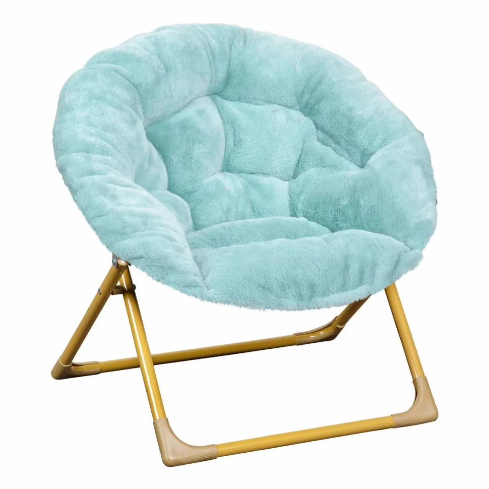 Gwen 23" Kids Cozy Mini Folding Saucer Chair, Faux Fur Moon Chair for Toddlers and Bedroom, Dusty Aqua/Soft Gold