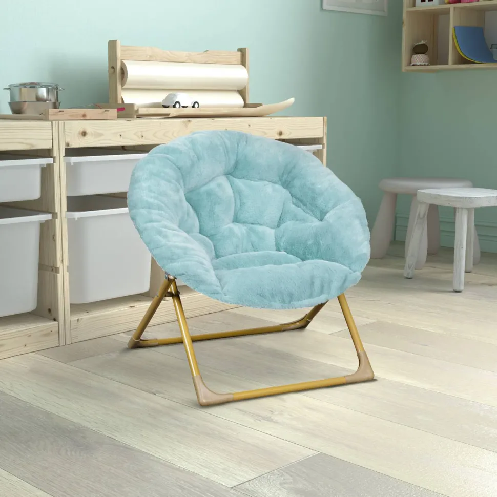 Gwen 23" Kids Cozy Mini Folding Saucer Chair, Faux Fur Moon Chair for Toddlers and Bedroom, Dusty Aqua/Soft Gold