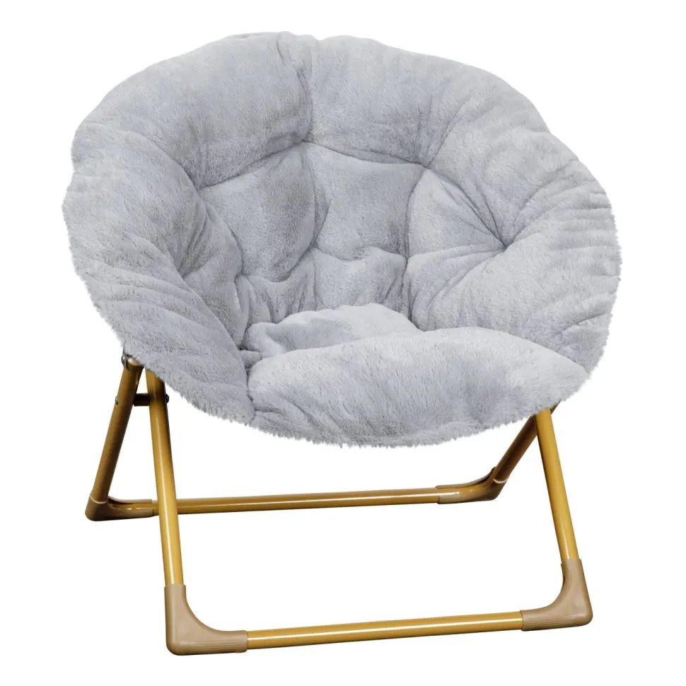 Gwen 23" Kids Cozy Mini Folding Saucer Chair, Faux Fur Moon Chair for Toddlers and Bedroom, Gray/Soft Gold