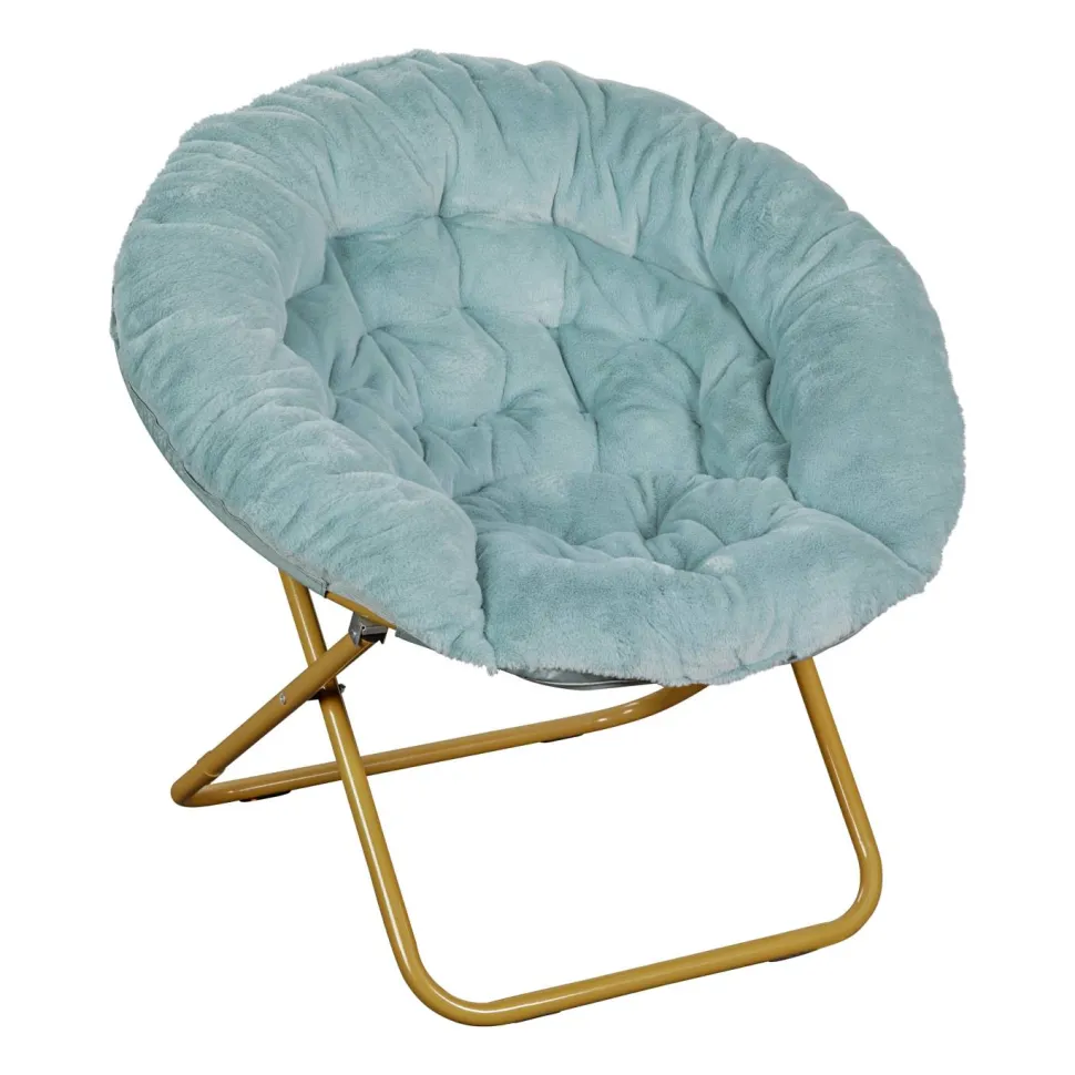 Gwen 38" Oversize Portable Faux Fur Folding Saucer Moon Chair for Dorm and Bedroom, Dusty Aqua Faux Fur/Soft Gold Frame
