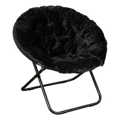 Gwen 38" Oversize Portable Faux Fur Folding Saucer Moon Chair for Dorm and Bedroom, Black Faux Fur/Black Frame