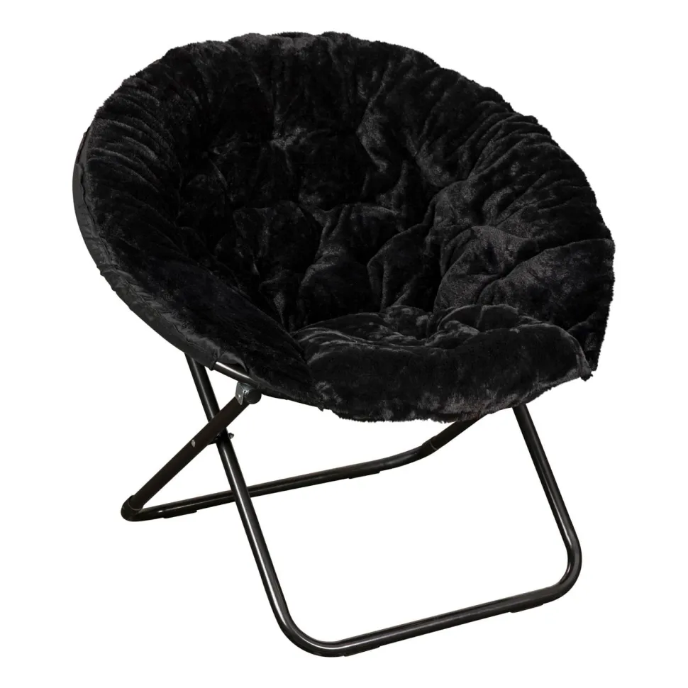 Gwen 38" Oversize Portable Faux Fur Folding Saucer Moon Chair for Dorm and Bedroom, Black Faux Fur/Black Frame
