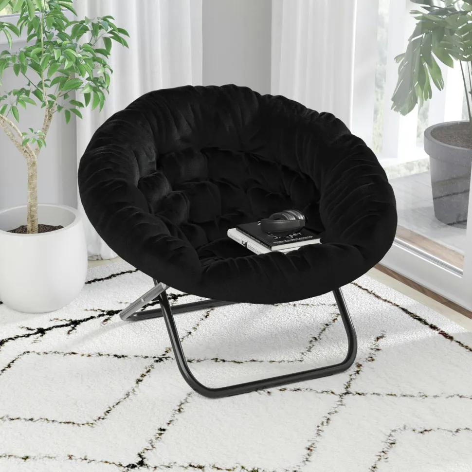 Gwen 38" Oversize Portable Faux Fur Folding Saucer Moon Chair for Dorm and Bedroom, Black Faux Fur/Black Frame