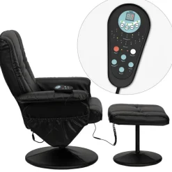Hall Massaging Heat Controlled Adjustable Recliner and Ottoman with Wrapped Base in Black LeatherSoft