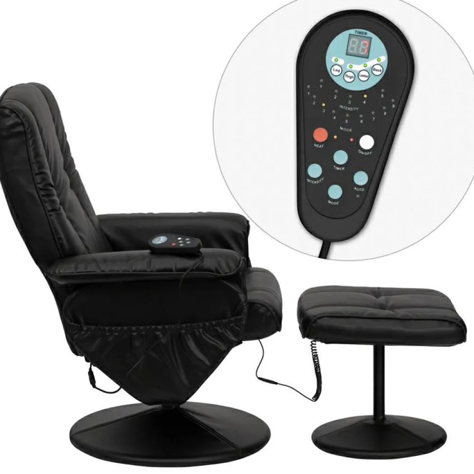 Hall Massaging Heat Controlled Adjustable Recliner and Ottoman with Wrapped Base in Black LeatherSoft