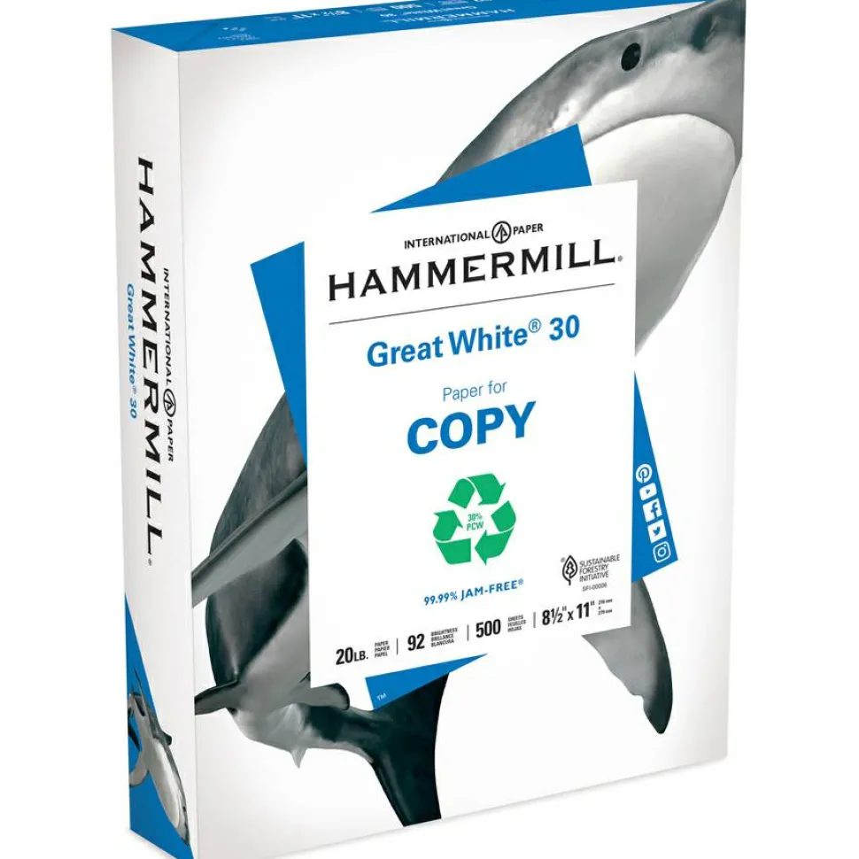 Hammermill Great White Copy Paper, White, Letter (8.5" x 11"), 5000 Sheets Per Case, 20 Lb, 92 Brightness, 30% Recycled