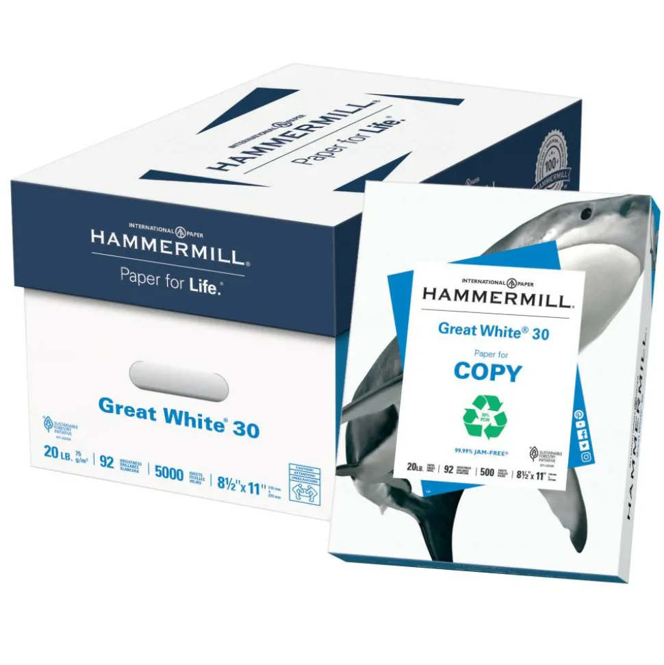 Hammermill Great White Copy Paper, White, Letter (8.5" x 11"), 5000 Sheets Per Case, 20 Lb, 92 Brightness, 30% Recycled