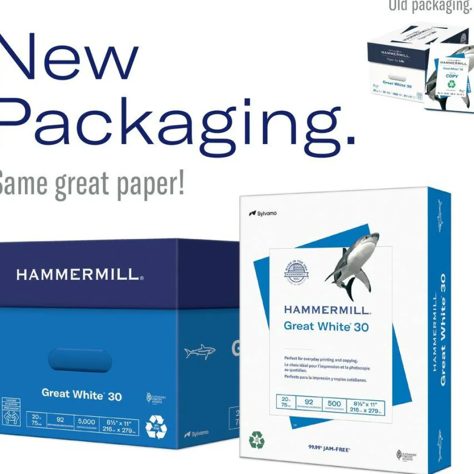 Hammermill Great White Copy Paper, White, Letter (8.5" x 11"), 5000 Sheets Per Case, 20 Lb, 92 Brightness, 30% Recycled