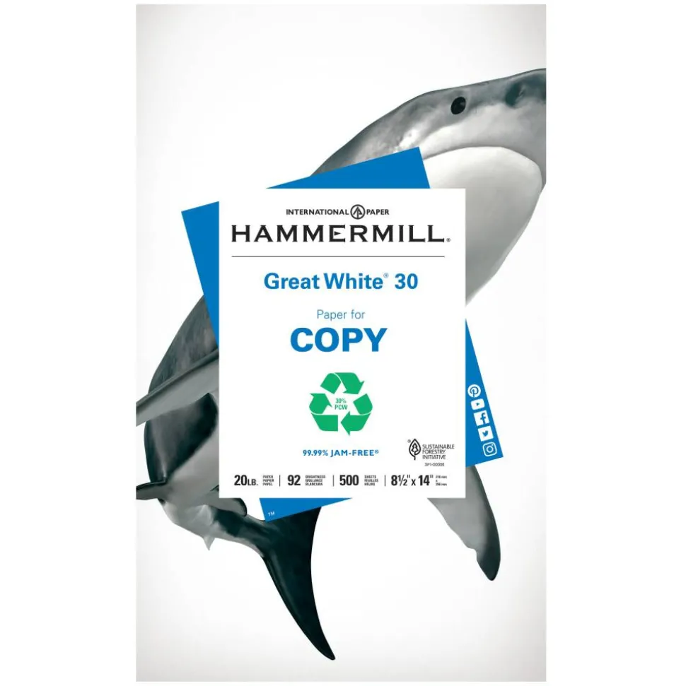 Hammermill Great White Copy Paper, White, Legal (8.5" x 14"), 500 Sheets Per Ream, 20 Lb, 92 Brightness, 30% Recycled